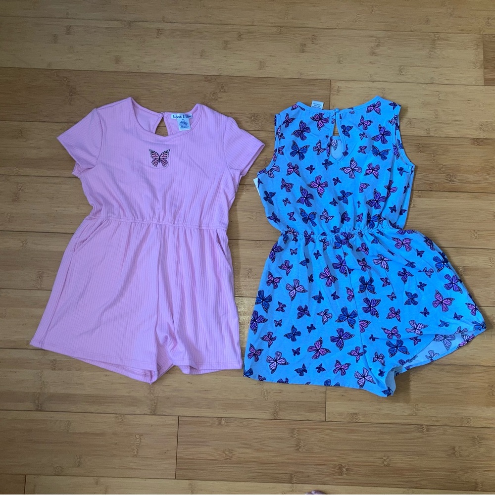 NWT Girls Size 12 Pink & Blue Butterfly 2 Pack Rompers Outfits Set
